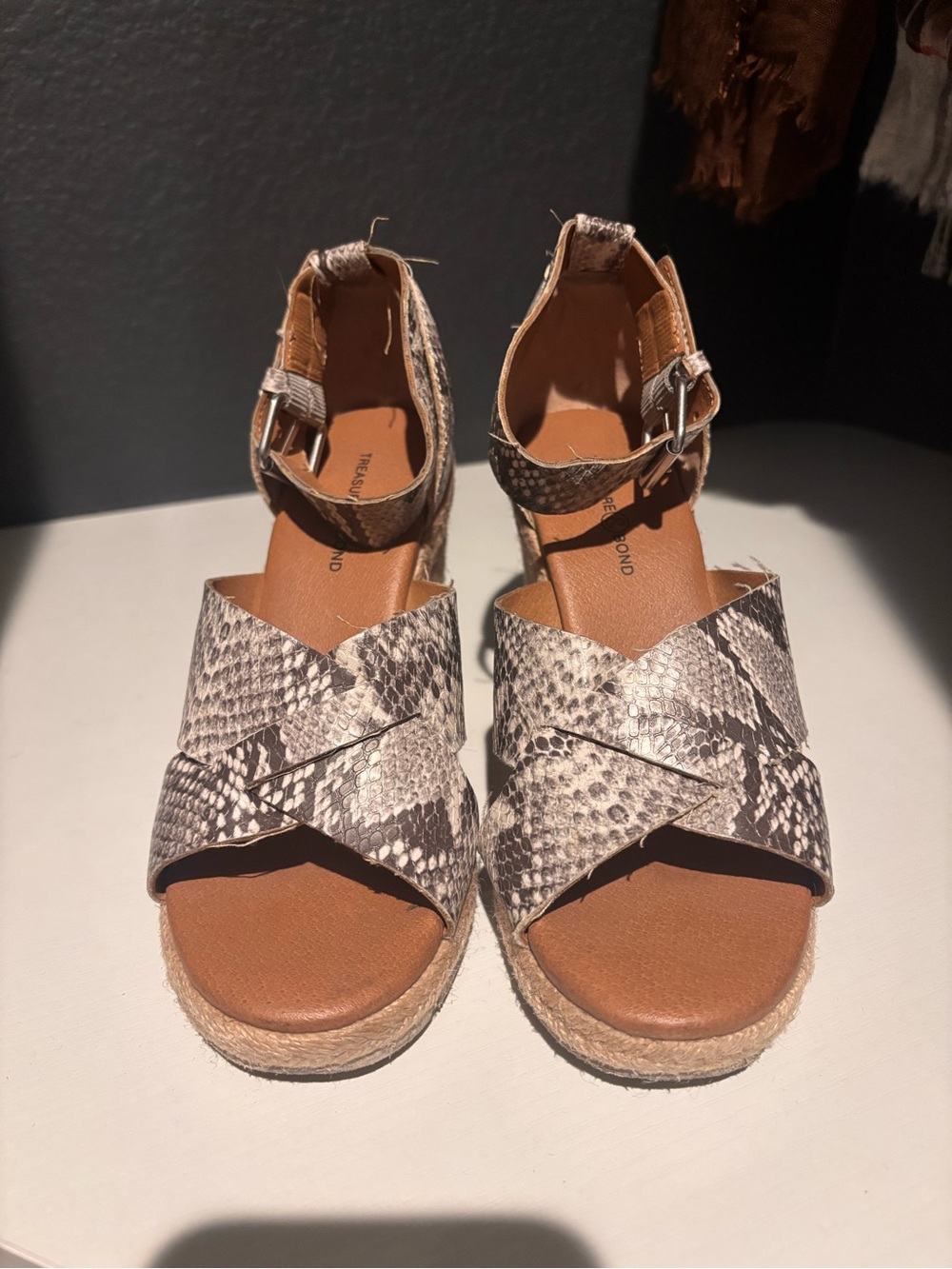 Treasure & Bond Snake-Print Wedge Sandals in Brown and Cream